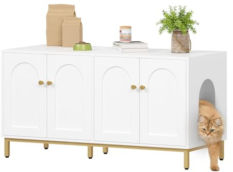 Hzuaneri Katzenschrank für 2 Katzen, 119cm Katzenklo Schrank, Weiß und Gold | Versteckte Katzentoilettenmöbel, Hölzernes Haustierhaus, Aufbewahrungsschrankbank, Passend für Katzentoilettenkä, CB82313A