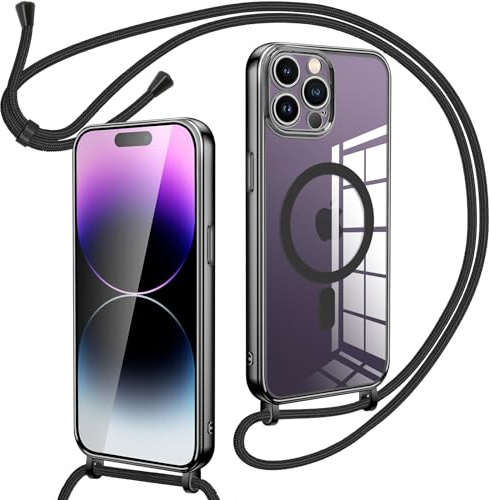Oelrstfe Magnetische handyband mit Band für iPhone 13 Pro Max Hülle - Necklace HandyHülle Transparente zum Umhängen mit justierbarer und Abnehmbarer Kette, Crossbody Magnet Clear Cover - Schwarz