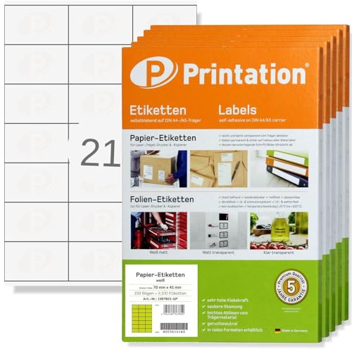 Printation Etiketten 70 x 41 mm - 10500 Adressetiketten selbstklebend blanko weiß zum bedrucken - 500 DIN A4 Bogen 3x7 BigPack - 21 Labels 70x41 pro Blatt - Internetmarke Klebeetiketten 3481 4473