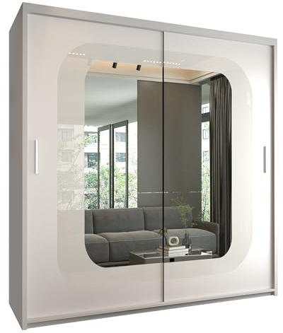 FURNITUREWAVE Minosa Sliding Mirror Doors Wardrobe For Modern Bedroom Furniture Cupboard with Space Saving Shelves and Hanging Rails (White/White, 150cm)