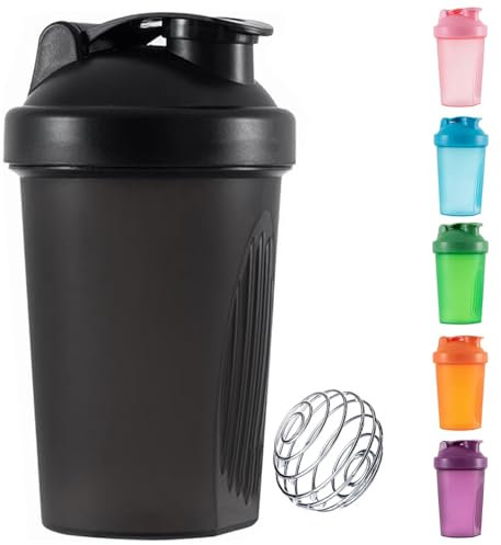 La botella mezcladora de proteínas incluye batidora de alambre, 400 ml, a prueba de fugas, perfecta para mezclar batidos en polvo, sin BPA, apta para lavavajillas (negro)