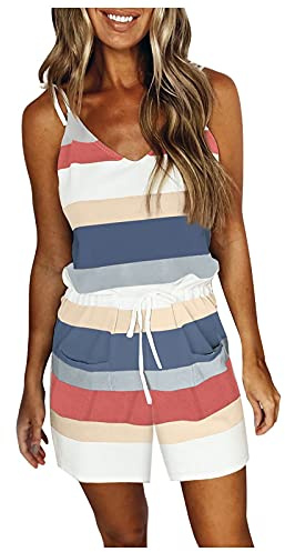 DeaAmyGline Träger Jumpsuit Damen Kurz Gestreifte Overall Sommer Latzhose Sexy Spaghetti V-Ausschnitt Jumpsuit-Kleid Romper Einteiler Shorts Hose Playsuit Hosenanzug Jumpsuits