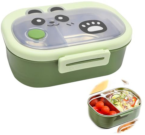 DAWRIS Fiambrera de acero inoxidable para niños con 2 compartimentos, fiambrera Bento Box con diseño de panda, fiambrera con divisor para comida, fiambrera para niñas, niños, caja de desayuno, para