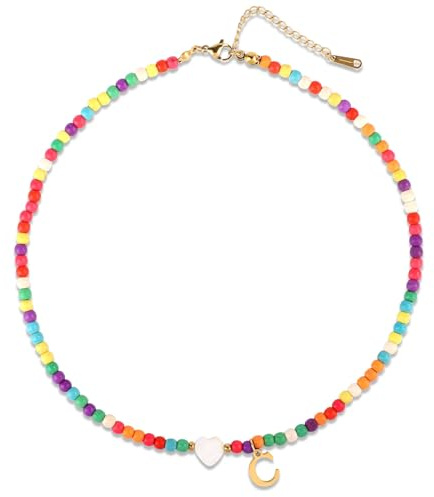 Mikovivi Collar de Cuentas de Colores, Collar con Cuentas Coloridas con Conchas de Corazón Collar con Colgante de Letra Hecho a Mano Regalos Personalizados de la A La Z para Mujeres y Niñas (Letra C)