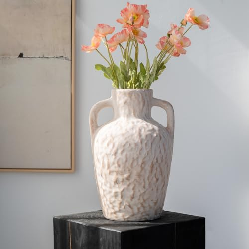 Relexome Grand vase rustique en céramique beige avec 2 poignées, 34 cm de haut, vase texturé en terre cuite, style bohème, Wabi Sabi, décoration de table, cadeau pour femmes et filles