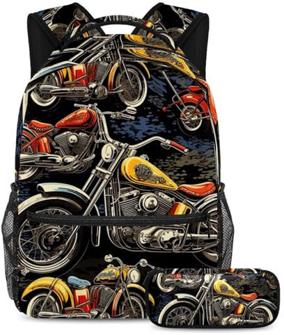 2-teiliges Schultaschen-Set, Rucksack mit großem Fassungsvermögen und Federmäppchen, perfekt für Studenten, Jugendliche und Reisen, Retro-Motorrad, Buntes Retro-Motorrad, Größe L