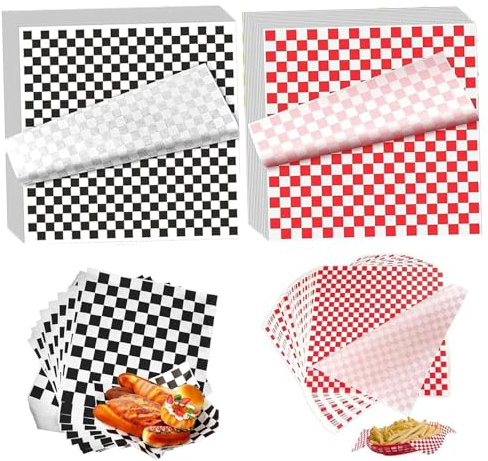 200 Pcs Greaseproof Paper Sheets, Food Grade Wrap Paper Checkered Basket Liners Wax Paper Sheets Oil-Proof for Deli/BBQ Greaseproof Paper for Deli Sandwich Burgers Cakes, 7x7 Inch