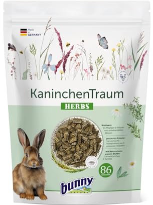 Bunny KaninchenTraum Herbs | 600 g | Alleinfuttermittel für Zwergkaninchen ab dem 6. Lebensmonat | 63 Verschiedene Pflanzen und Kräuter von unbehandelten Wiesen | 3-Faser-Mix