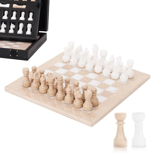 Marmor-Schachset für Erwachsene, 25,4 cm, handgefertigt, Verona & Weiß, Brettspiel mit 32 Schachfiguren, 2 zusätzlichen Königinnen & Aufbewahrungsbox, luxuriöses Reisespiel, elegantes Geschenk für