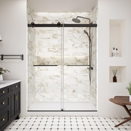 Frameless Shower Door,44-48 W x 74 H Double Sliding Shower Door with Soft Close System,5/16 (8mm) SGCC Tempered Clear Glass,Explosion-Proof Film Nano Coating,Matte Black