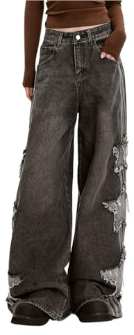 Lafaguw Pantalon en jean baggy pour femme, motif étoile, taille haute, style streetwear, coupe loose, vêtement grunge emo, noir, Taille XS