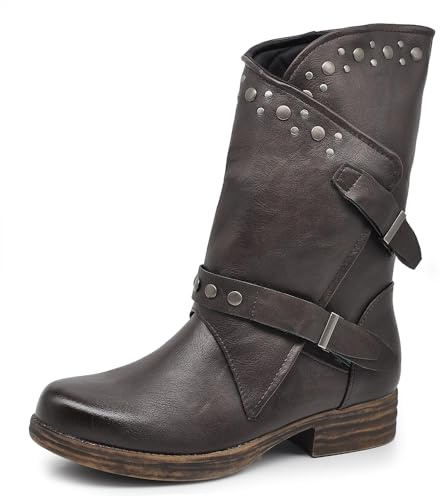 IF Fashion - Botas de mujer con hebillas para botas de motorista con hebillas 636, 647 2 Moro, 37 EU