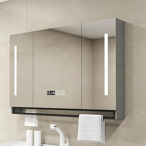 Badezimmerschrank mit LED-beleuchtetem Spiegel, Dimmschalter und Demister – Wandmontage, 3 Türen, Aufbewahrungs-Organizer für Toilettenartikel