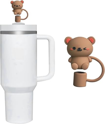 Teddy Bear Cover for Stanley 40&30 Oz Cup, 10mm Cute Silicone Covers Cap for Stanley Cup Accessories, Topper for Tumblers, Cap Stopper for Reusable Straws Tip Lids (Brown)