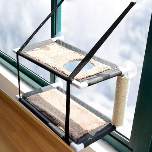 XhuangTech Cat Window Hammock Perch, Grey Cat Bed Kitty Sunny Seat Double Layers Thickened Fleece for Indoor Cats, Window Sill Holder Pet Perch With 6 Suction Cups Holds Up to 22lbs (Black)