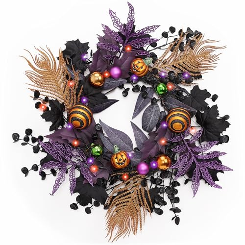 Valery Madelyn Halloween Deko, 46cm Halloween Kranz | Freche Leckerbissen und bruchsichere Kugeln Ornamente mit Led Licht und Timer für Haustür, Wanddeko, Party