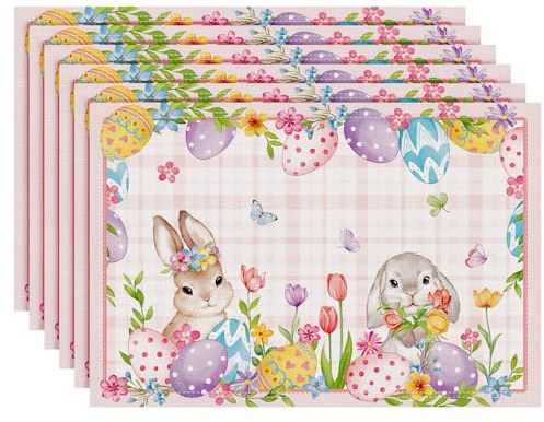 Arquiel Platzset 6er Set, Tischsets Rosa Ostern Hasen Aquarell Ostereier Ostern Abwischbar Hitzebeständige Wasserdichtes Placemats für Esstisch Dekoration, Frühling Küche (33 * 48cm)