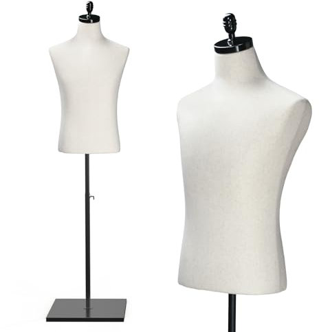 VINGLI Männliche Schaufensterpuppe Torso mit Holz-/Metallständer, verstellbare Höhe, männliche Kleiderform, Körper für Kleidung Display und Nähen (Beige, Holzbasis)