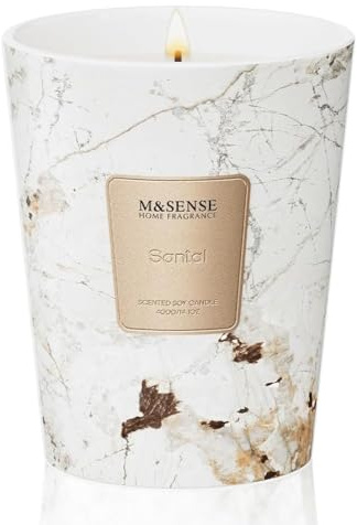 M&SENSE Candela Profumata Grandi 400g Santal Premium, 75H Dura, Cera di Soia Non Tossico Aromaterapia Candele, Marmo Design Vetro Room Decor, Regalo di Lusso per Donne/Compleanni/Natale