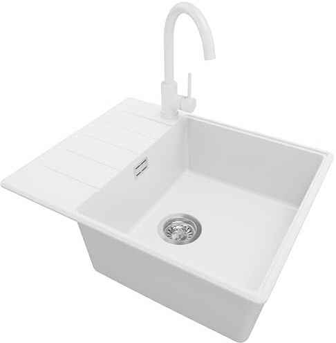 PRIMAGRAN Lavandino da Cucina Bianco 62x50cm, Lavello in Granito a 1 vasca + Rubinetto 32x20cm + Sifone Classico, Lavabo Incasso al mobile 50cm - Copenhagen S062