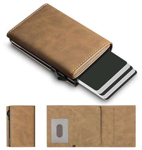 Portmonee Herren Slim mit RFID Schutz, Pop-up Kartenetui für 10+ Karten & 1 ID Fenter, Geldbörse Herren Ohne Münzfach, Kartenportmonai Heren Slim Wallet (Crazy Horse Braun, Ohne Münzfach)