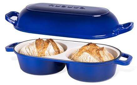 Dutch Oven For Sourdough Bread Baking – Enamelled Cast Iron Bread Loaf Pot – 500°F Oven Safe Non Stick Bread Pot – Double Round Loaf Space, 16.5cm Diameter, Dark Blue, – by Nuovva