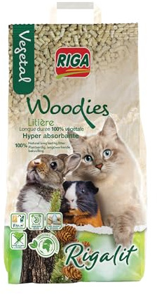 RIGA - Rigalit Woodies - Litière pour Chat Et Rongeurs - Fibre De Bois - Origine Végétale - Naturellement Absorbante - Litière Compostable - Neutralise Odeurs Et Bactéries - Durée 1 Mois - 4 kg