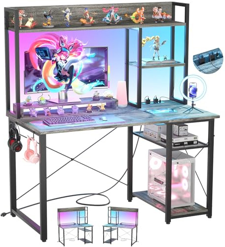 iSunirm Gaming-Schreibtisch mit Aufsatz, 47-Zoll-Computertisch mit LED-Leuchten und Steckdosen, Home-Office-Schreibtisch mit umkehrbaren 5-stufigen Ablagefächern und Monitorständer, Grau