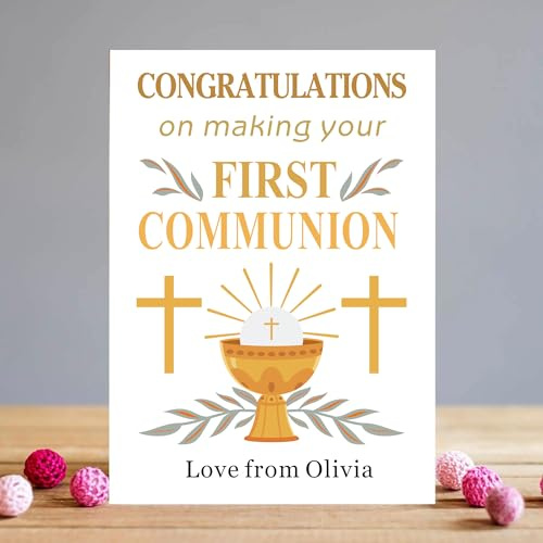 Personalised First Holy Communion Card Congratulations Holy Communion Keepsake Religious Greeting Cards Christening Baptism Paper Cards for Girls Boys Granddaugther Godson Nephew (Design 1)