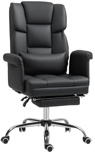 HOMCOM Bürostuhl Ergonomischer Schreibtischstuhl mit Lendenwirbelstütze, Armlehne, Fußstütze, Höhenverstellbarer Drehstuhl aus Kunstleder, Gepolstert Computerstuhl, Schwarz