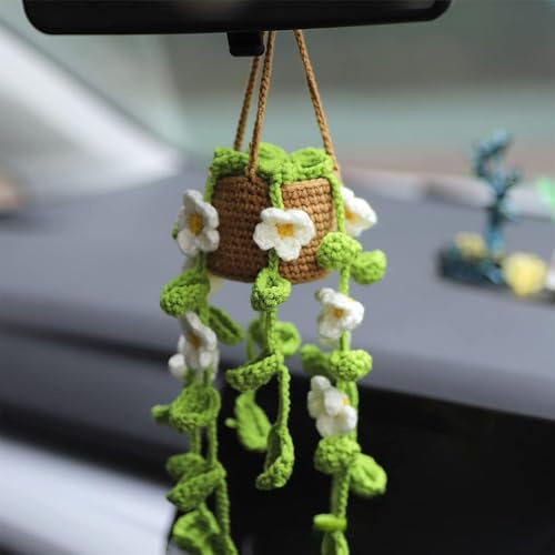 Crochet Potted Plants Car Mirror Hanging Accessories, Cute Car Decorations for Women Men, Handmade Knitted Rearview Mirror Decor