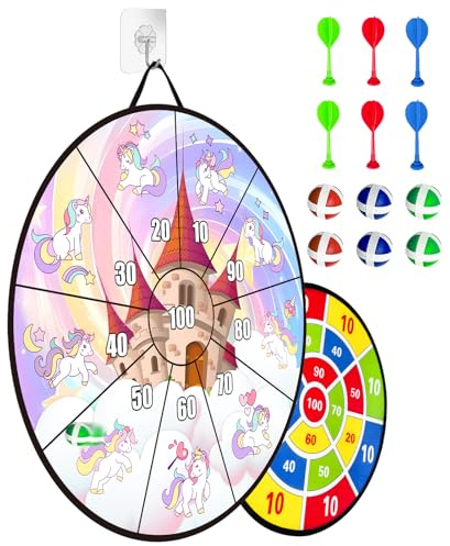 29“/66cm doppelseitige Dartscheibe mit Bällen, Einhorn-Design. Enthält 6 Bälle und 6 Pfeile. Ein unterhaltsames Partyspiel für verschiedene Anlässe.