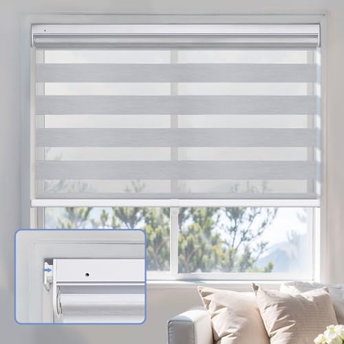 Keego No Drill Day Night Blind Zebra Roller Blinds,Cordless Blackout Blinds Dim or Translucent Window Shades for Bedroom, Kitchen(80% Blackout Grey,114cm*122cm)