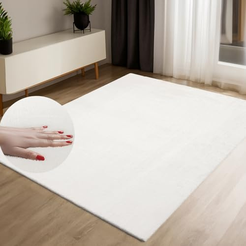 payé Tapis à poils courts - Blanc - 120 x 160 cm - Lavable - Doux - Antidérapant - Pour salon, chambre à coucher - Aspect fourrure - Facile d'entretien - Tissu plat moderne et élégant - Couleur unie