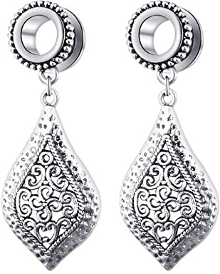 RDSGYZ 2STK Plug Tunnel Ästhetisch, Silber Edelstahl Dehnstäbe Retro Ohrpiercing Schmuck mit Vintage-Tropfenanhänger für Weiblich 2G