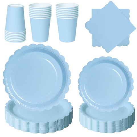 PYAILI Morandi-Blau Partygeschirr Party Pappteller Set für 24 Gäste | 96 Stück Papier Teller mit Blumenmuster Pappbecher Servietten für Geburtstag, Muttertag, Babyparty, Bridgerton, Teeparty