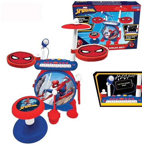 Lexibook, Spider-Man Batería, K610SPLXB | Sonidos realistas de batería, teclado de 8 teclas, entrada MP3, asiento incluido