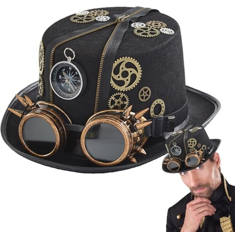 Steampunk Hats Goggles - Cappello a cilindro vintage gotico, accessorio per costume retrò da viaggiatore del, cappello classico per cosplay, feste, decorative per adulti, uomini, donne
