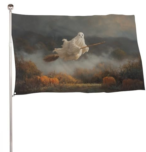 Figurine fantôme blanc d'Halloween volant sur un drapeau à balai, 9,1 x 1,5 m, bannière décorative pour cour, porche, pelouse, ferme