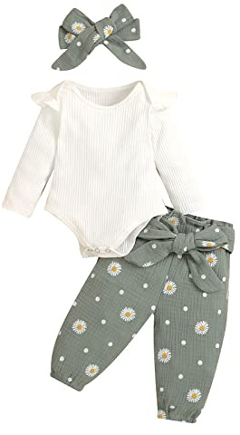 Himllauen Infant Baby Girls Floral Print Romper Outfits Toddler Long Sleeve Jumpsuit + Daisies Ruched Pants with Belt + Bow Headband for Newborn Girl Autumn (Green, 12-18 Months)