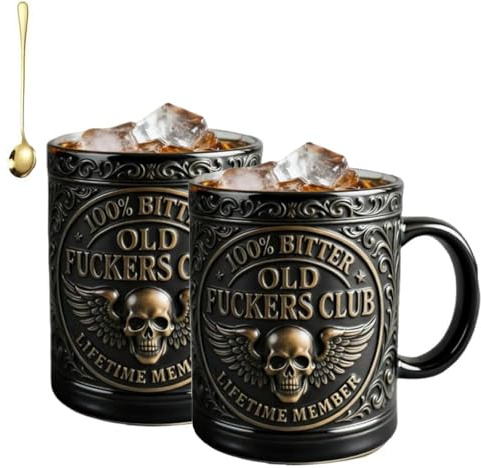 Old F*ckers Club – Lifetime Member Mug, Classic Humor Design for Daily Use, 2026 New Handmade Skeleton Beer Stein Tankard Drink Cup, Novelty Bold Honor Coins Gag Gifts (2pcs)