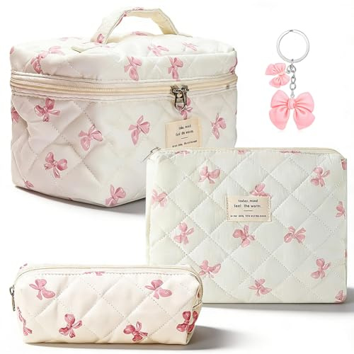 Makeup Bag Set 3PCS Pink Bow Cosmetic Organiser Pouch Coquette Toiletry Travel Bag with Keychain Set for Women,Bow Cotton Quilted Large Capacity Wash Bag & Keyring for Girls