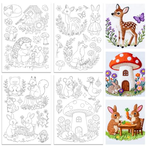 ORIGACH 4 Blatt Märchen-Tierwaldmotive Stickvorlagen Wasserlöslich | Selbstklebend Wasserlöslich Stickvlies, Wasserlöslicher Stabilisator für Handstickerei, DIY Projekte, Stichübungen