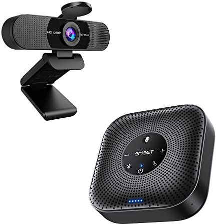 EMEET C960 1080P Webcam & M0 Plus Konferenzlautsprecher - 4 AI-Mikrofon-Arrays für 360° Abdeckung in großen Teams