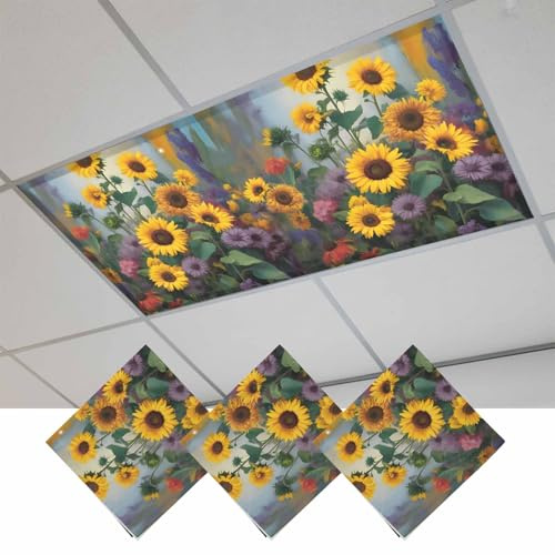 Fluorescent Light Covers, Sunflower Magnetic Light Covers for Ceiling Lights, Modern Oil Painting Summer Botanical Floral Fluorescent Ceiling Shade Filters for Classroom Bedroom Office 4x2Ft x 3PCS