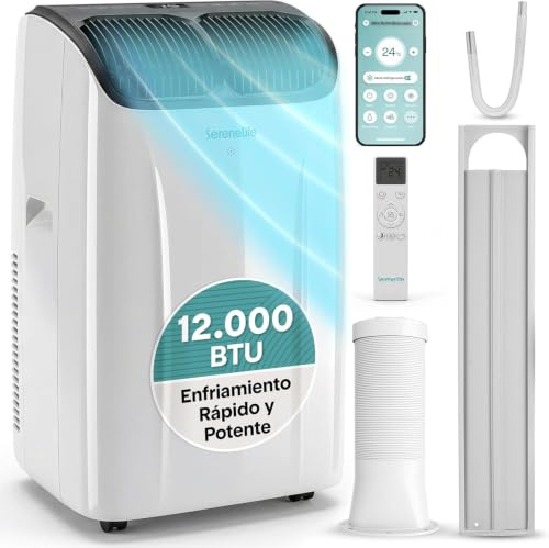 SereneLife Aire Acondicionado Portátil 12000 BTU con WiFi, Climatizador 4 en 1: Frío, Calor, Deshumidificador y Ventilador, Control por App, con Kit de Ventana, para Hogar y Oficina