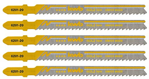 KWB 49620125 Paquete profesional de 5 hojas de sierra de calar para madera, fino, acero al carbono HCS, vástago de leva simple, T101B, p. ej. para Einhell RT-JS 85