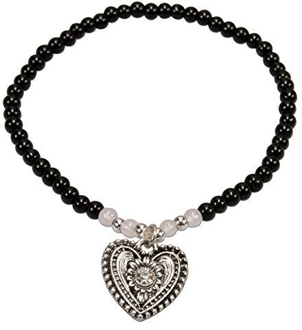 Alpenflüstern Filigran Perlen-Trachten-Armband Trachtenherz - Damen-Trachtenschmuck mit antik-Silber-farbenem Trachten-Herz, elastische Trachten-Armkette in schwarz und Creme-weiß DAB055