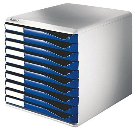 Leitz | Ablagebox | Post- und Formular-Set | Gehäuse grau | Schubladen blau | 10 Schubladen