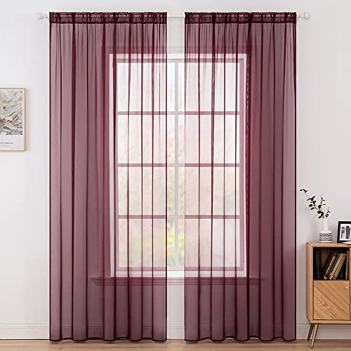 MIULEE Vorhänge Gardinen, Stangendurchzug Rot, 2er Set 145x140cm aus Voile | Transparente Gardine aus Voile, Luftig Leicht, Einfarbig Dekoschal für Wohnzimmer & Schlafzimmer